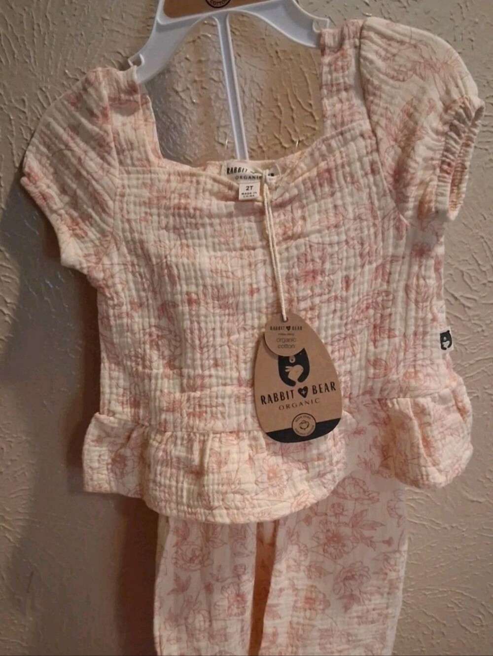 *Rabbit+Bear* Girls 2 Pc Outfit Sz 2T Short Sleeve Shirt Pants Ivory Pink Floral